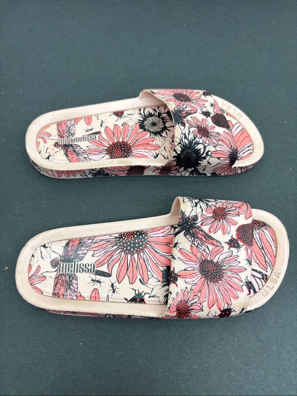 Melissa Pink Floral Slide Sandals, SZ 4 big girl, box 37